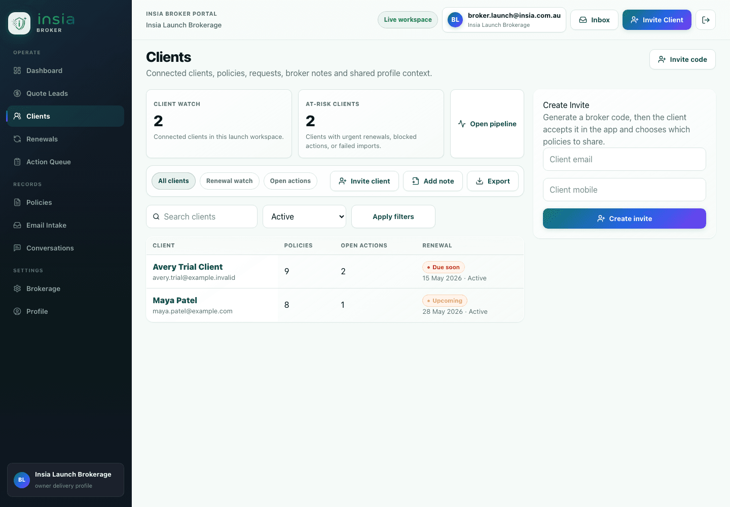 Broker clients view in the insia portal