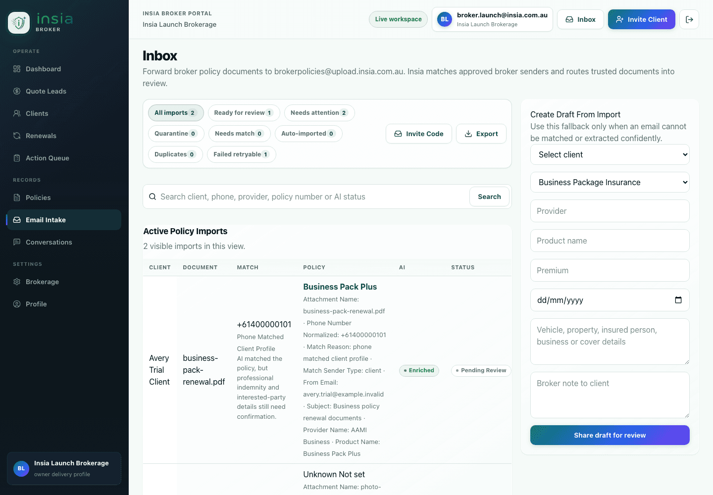 Broker email intake view in the insia portal