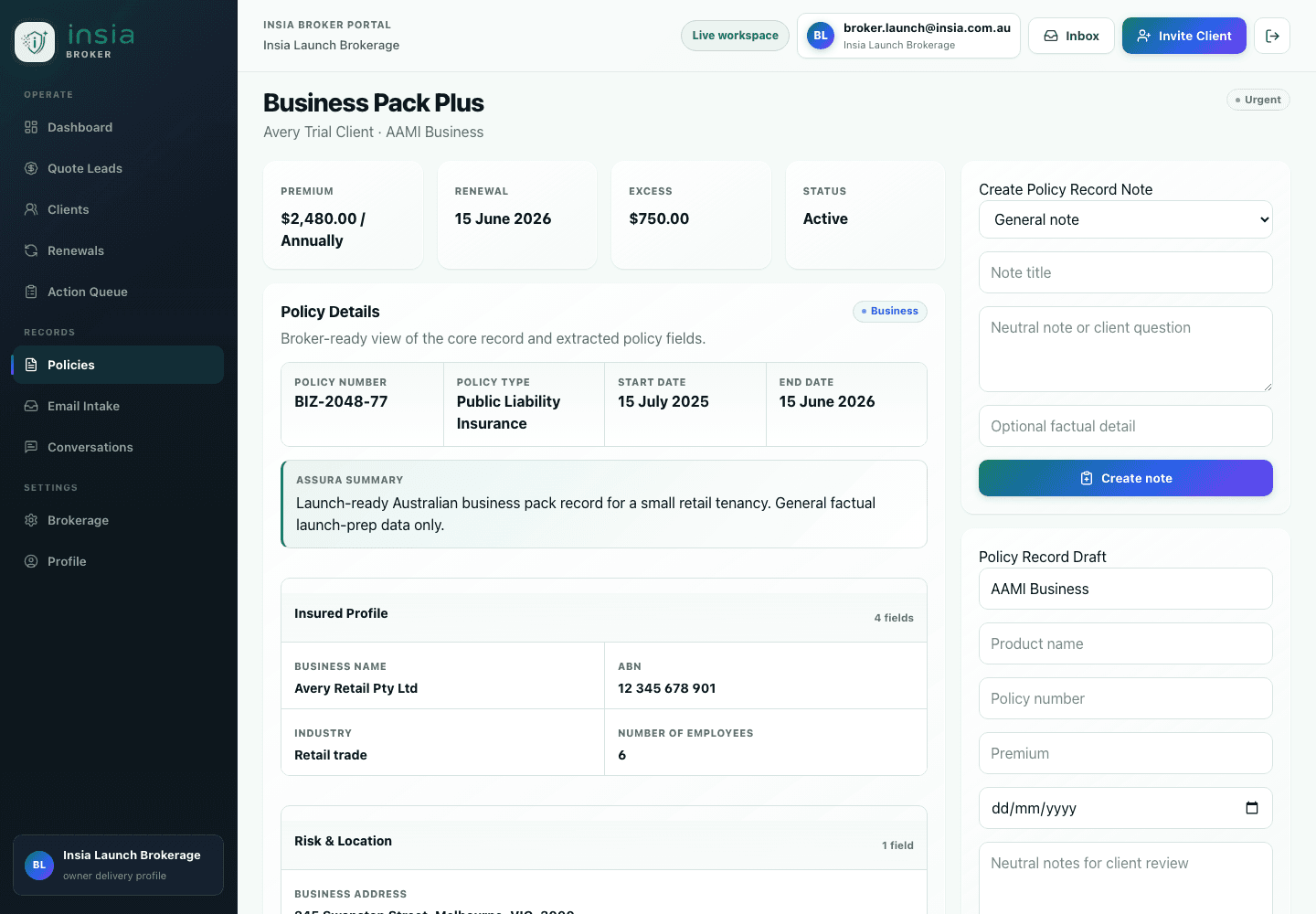 Broker policy detail view in the insia portal