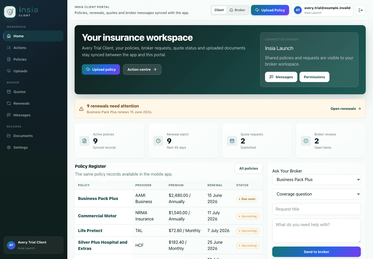 insia client portal dashboard showing policy records, renewals and broker activity