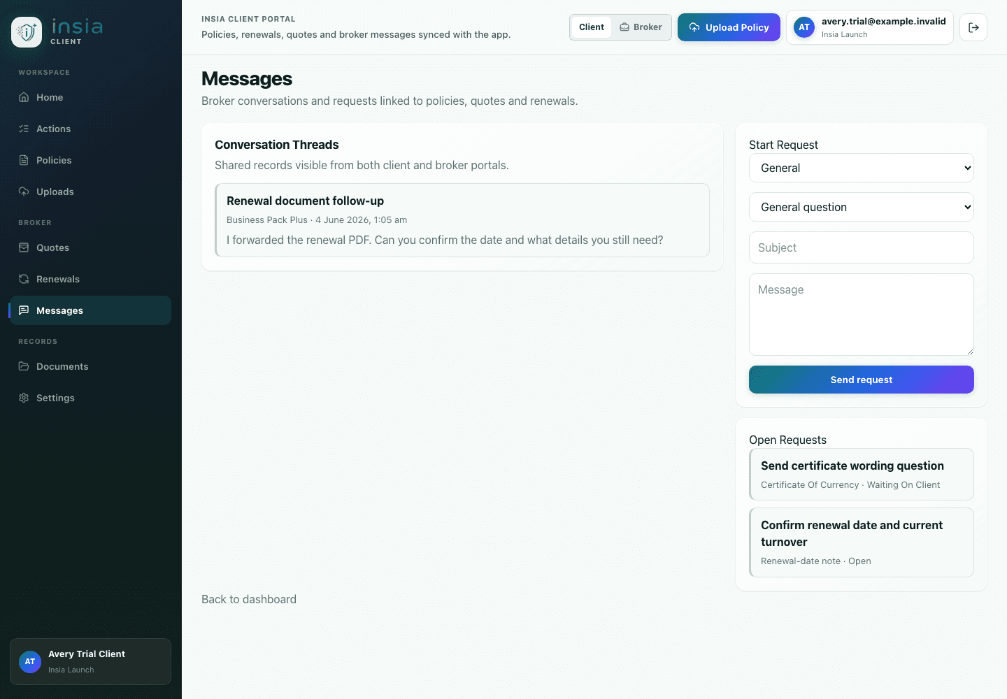 Client messages view in the insia portal
