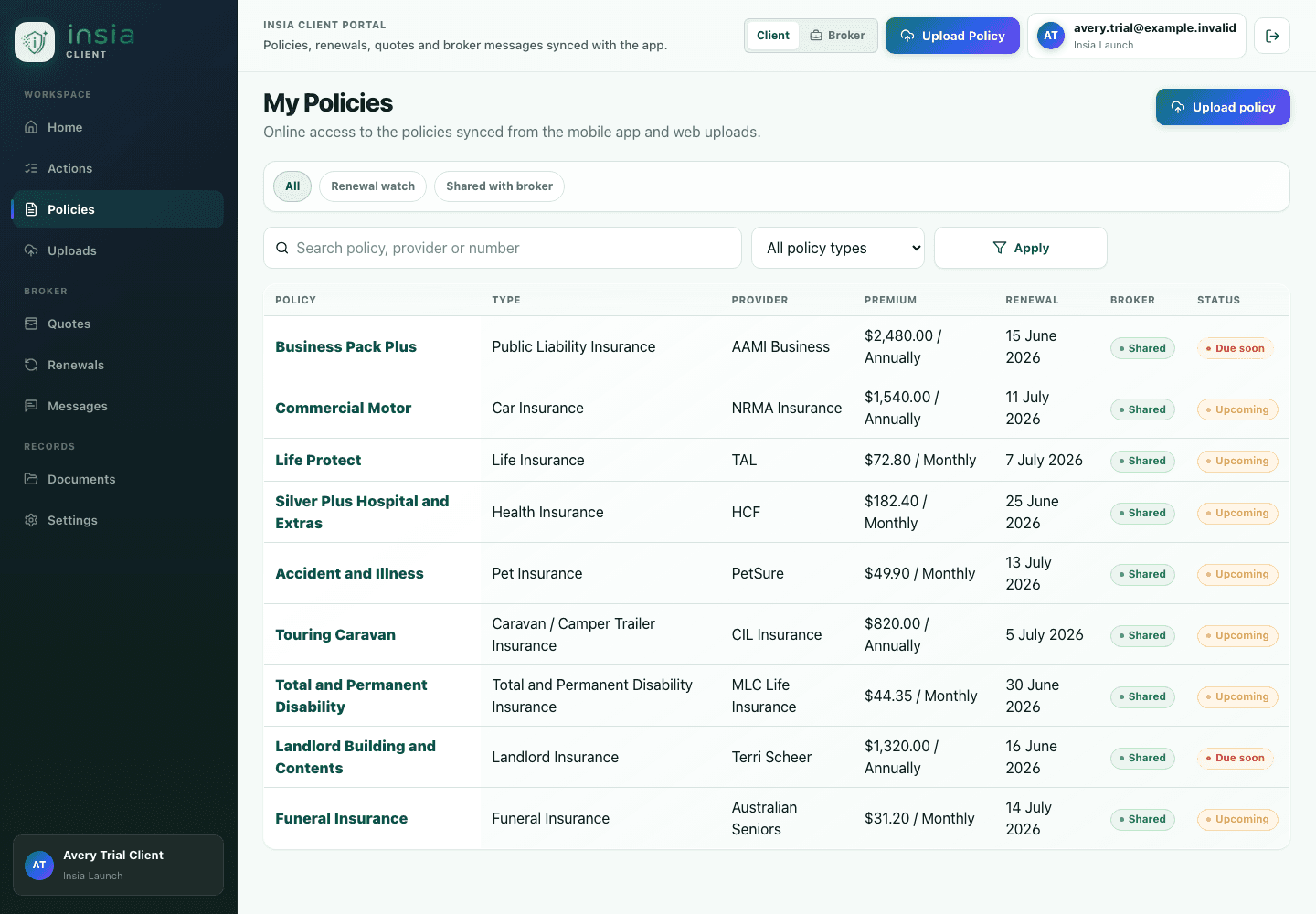 Client policy register in the insia portal