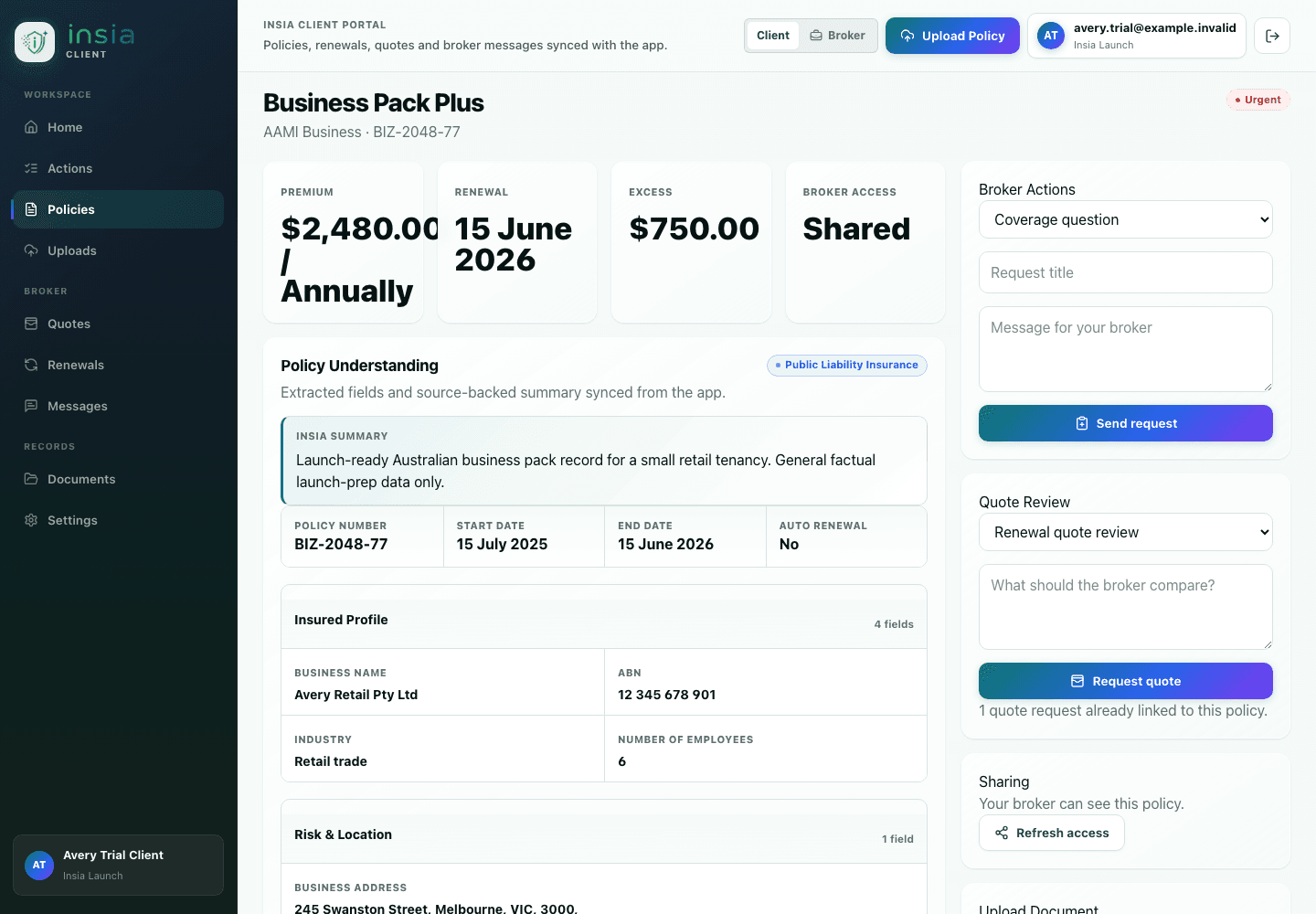 Client policy detail view in the insia portal