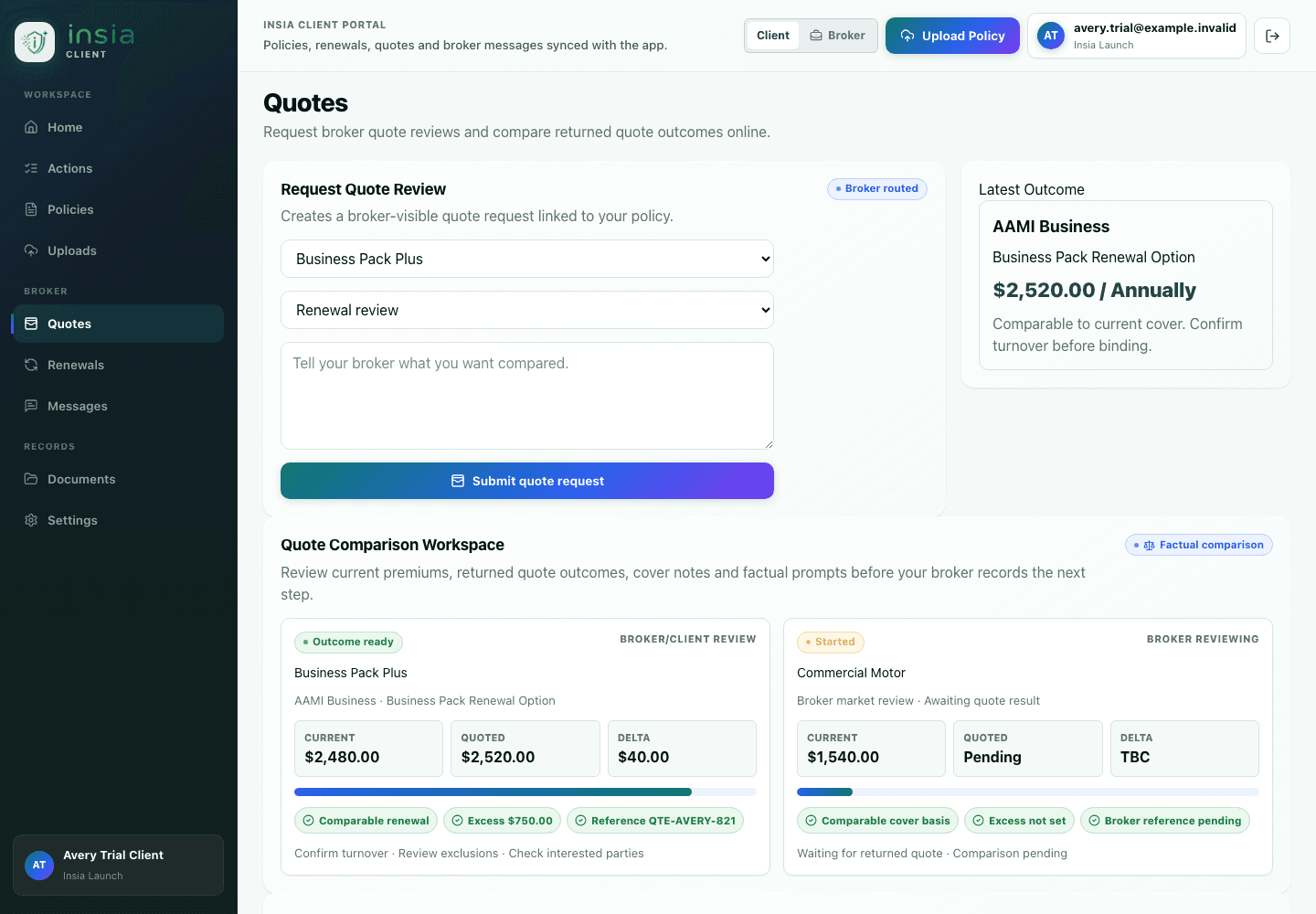 Client quote workspace in the insia portal