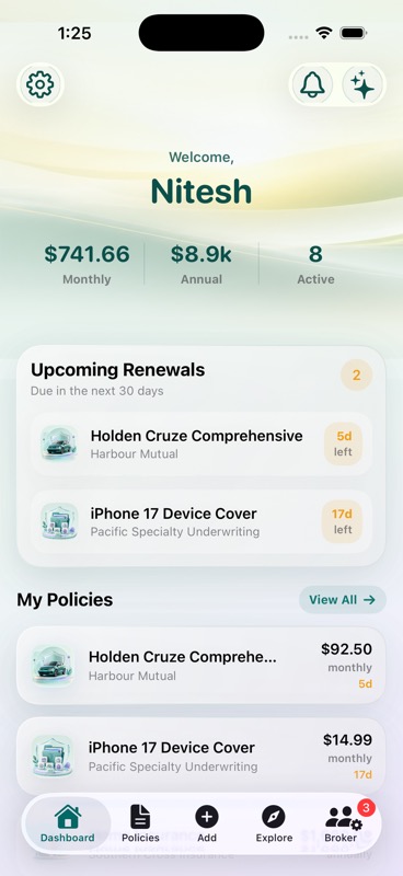 Insia App dashboard with policies, premium totals and upcoming renewals